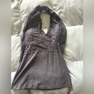 Gray Lace Halter Tank Top Boho Y2K Feminine Sleeveless Blouse Womens Large